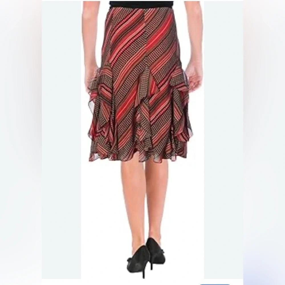 Ralph Lauren Women's Red Tan Patterned Ruffled Georgette Midi Skirt Flowy Sz M